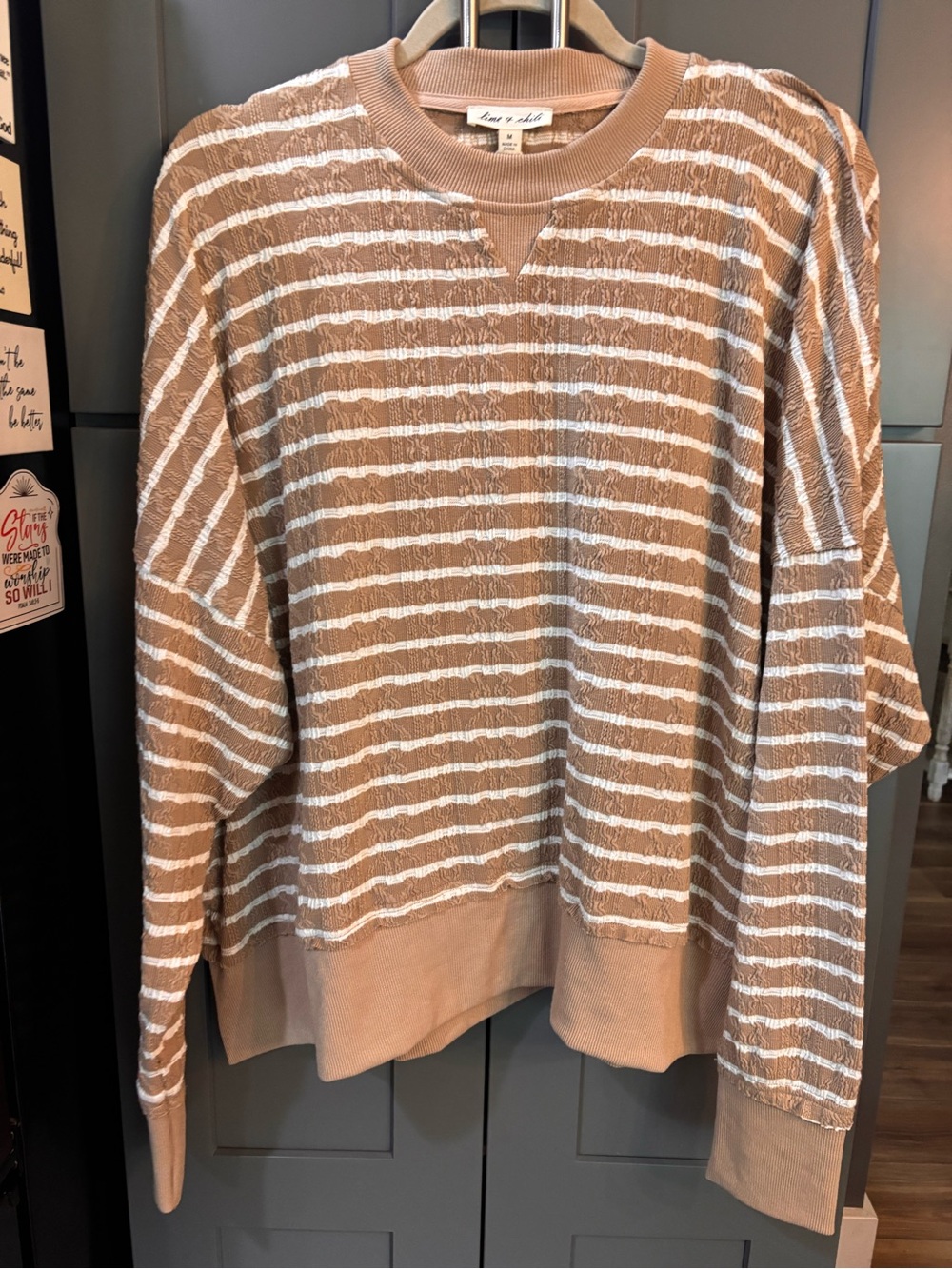 Striped Crewneck Pullover Sweater in Taupe & White